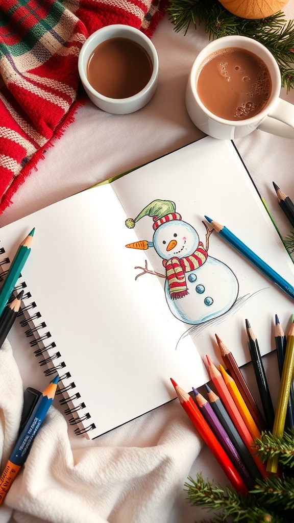 Creative Christmas Drawing Ideas for Dad A drawing of a snowman with colored pencils and hot cocoa on a table.